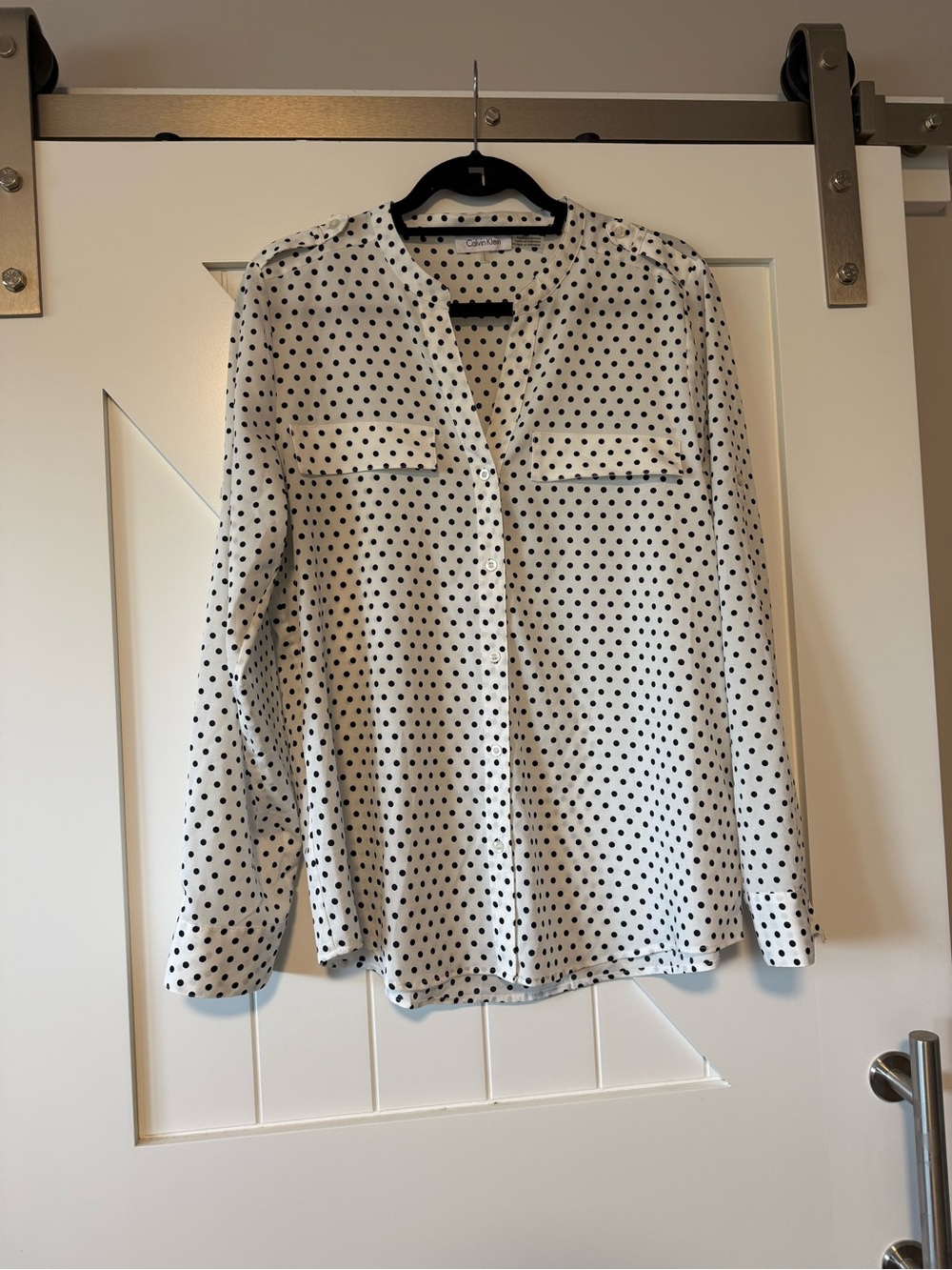 Calvin Klein White Button-Down Blouse with Black Polka Dots